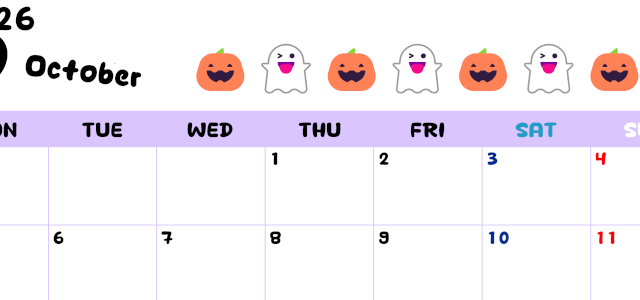 2026年10月カレンダーは横型月曜始まりで季節の行事の絵文字イラストがかわいい♪ダウンロードは無料♪(2026-01381001)