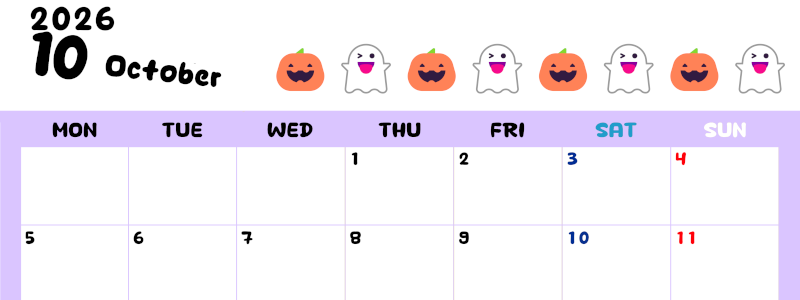 2026年10月カレンダーは横型月曜始まりで季節の行事の絵文字イラストがかわいい♪ダウンロードは無料♪(2026-01381001)