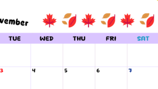 2026年11月カレンダーは横型月曜始まりで季節の行事の絵文字イラストがかわいい♪ダウンロードは無料♪(2026-01381101)