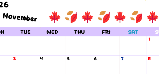 2026年11月カレンダーは横型月曜始まりで季節の行事の絵文字イラストがかわいい♪ダウンロードは無料♪(2026-01381101)