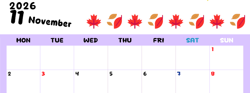 2026年11月カレンダーは横型月曜始まりで季節の行事の絵文字イラストがかわいい♪ダウンロードは無料♪(2026-01381101)
