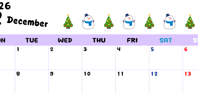 2026年12月カレンダーは横型月曜始まりで季節の行事の絵文字イラストがかわいい♪ダウンロードは無料♪(2026-01381201)