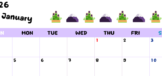 2026年1月カレンダーは横型日曜始まりで季節の行事の絵文字イラストがかわいい♪ダウンロードは無料♪(2026-01380100)