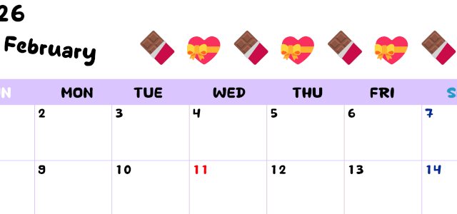 2026年2月カレンダーは横型日曜始まりで季節の行事の絵文字イラストがかわいい♪ダウンロードは無料♪(2026-01380200)