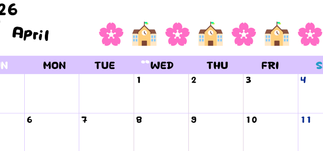 2026年4月カレンダーは横型日曜始まりで季節の行事の絵文字イラストがかわいい♪ダウンロードは無料♪(2026-01380400)