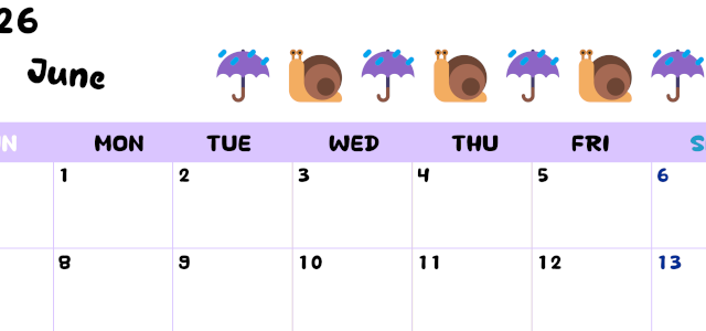 2026年6月カレンダーは横型日曜始まりで季節の行事の絵文字イラストがかわいい♪ダウンロードは無料♪(2026-01380600)
