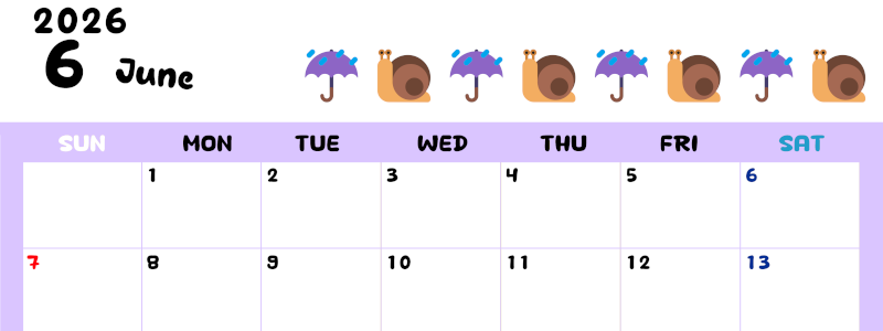 2026年6月カレンダーは横型日曜始まりで季節の行事の絵文字イラストがかわいい♪ダウンロードは無料♪(2026-01380600)