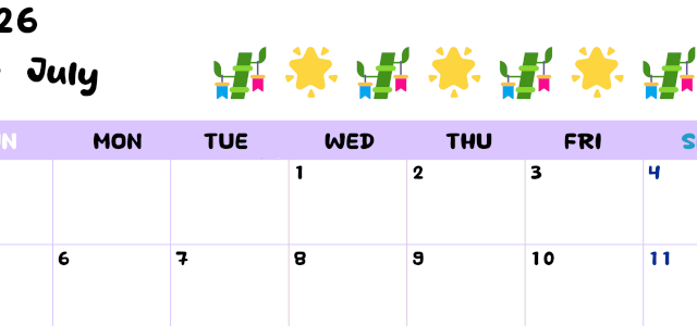 2026年7月カレンダーは横型日曜始まりで季節の行事の絵文字イラストがかわいい♪ダウンロードは無料♪(2026-01380700)