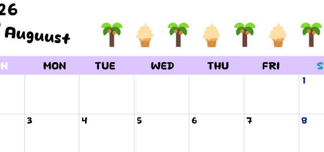 2026年8月カレンダーは横型日曜始まりで季節の行事の絵文字イラストがかわいい♪ダウンロードは無料♪(2026-01380800)