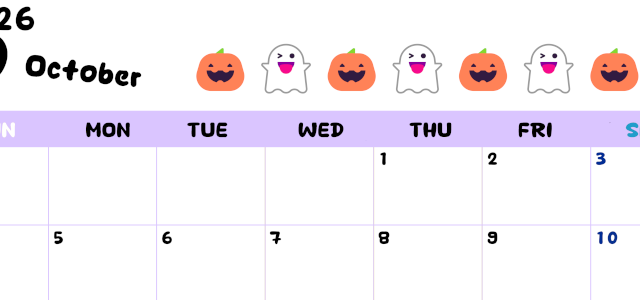 2026年10月カレンダーは横型日曜始まりで季節の行事の絵文字イラストがかわいい♪ダウンロードは無料♪(2026-01381000)