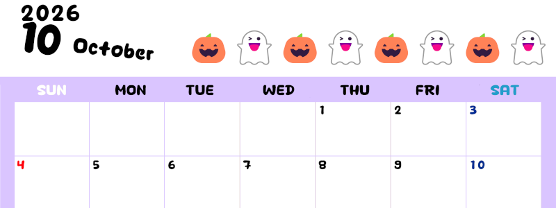 2026年10月カレンダーは横型日曜始まりで季節の行事の絵文字イラストがかわいい♪ダウンロードは無料♪(2026-01381000)