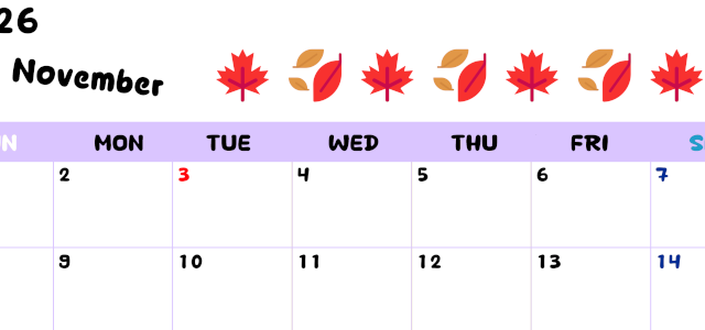 2026年11月カレンダーは横型日曜始まりで季節の行事の絵文字イラストがかわいい♪ダウンロードは無料♪(2026-01381100)