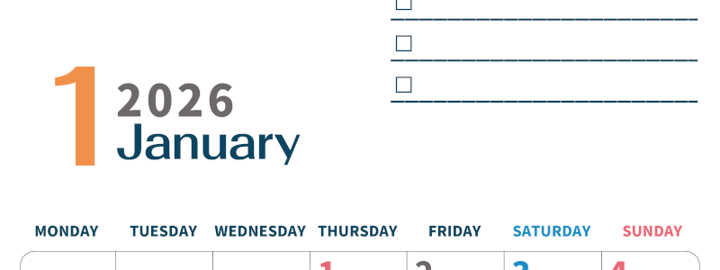 2026年1月カレンダーは縦型月曜始まりでToDoリストつき♪使いやすいおすすめ無料素材♪(2026-01390111)