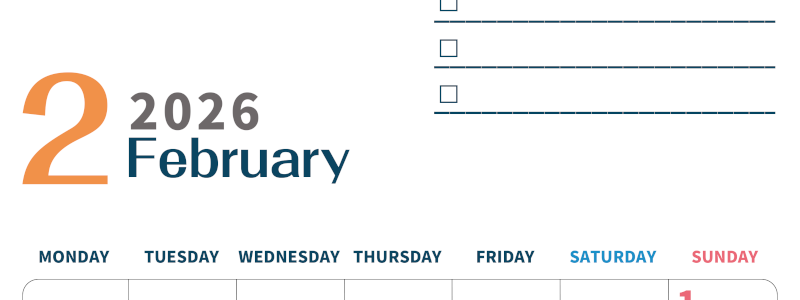 2026年2月カレンダーは縦型月曜始まりでToDoリストつき♪使いやすいおすすめ無料素材♪(2026-01390211)