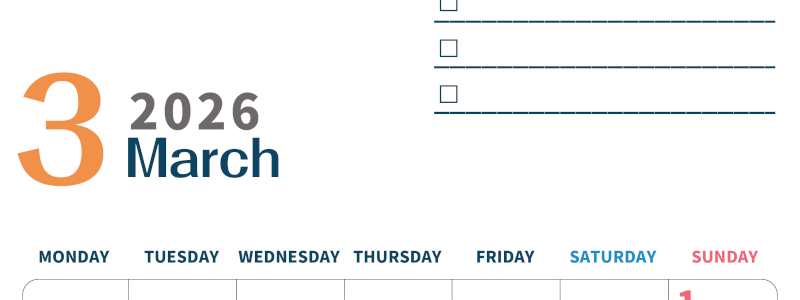 2026年3月カレンダーは縦型月曜始まりでToDoリストつき♪使いやすいおすすめ無料素材♪(2026-01390311)