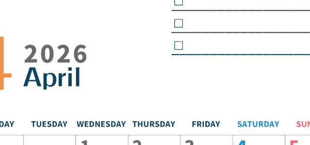 2026年4月カレンダーは縦型月曜始まりでToDoリストつき♪使いやすいおすすめ無料素材♪(2026-01390411)