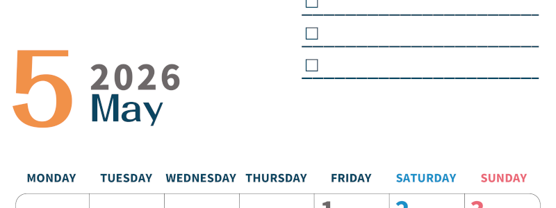 2026年5月カレンダーは縦型月曜始まりでToDoリストつき♪使いやすいおすすめ無料素材♪(2026-01390511)