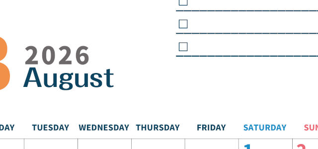 2026年8月カレンダーは縦型月曜始まりでToDoリストつき♪使いやすいおすすめ無料素材♪(2026-01390811)