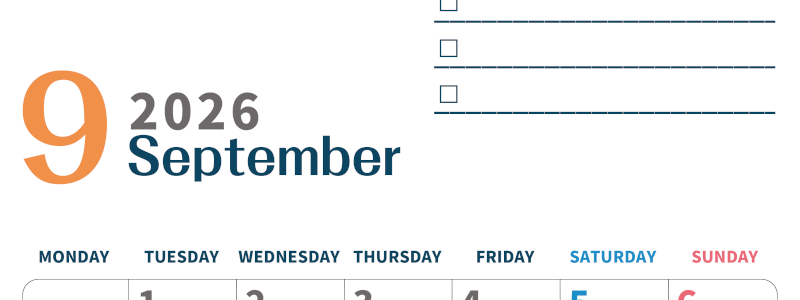 2026年9月カレンダーは縦型月曜始まりでToDoリストつき♪使いやすいおすすめ無料素材♪(2026-01390911)