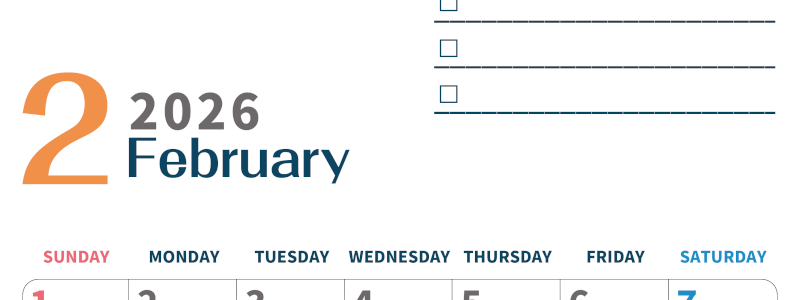 2026年2月カレンダーは縦型日曜始まりでToDoリストつき♪使いやすいおすすめ無料素材♪(2026-01390210)