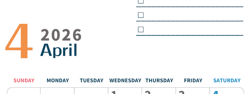 2026年4月カレンダーは縦型日曜始まりでToDoリストつき♪使いやすいおすすめ無料素材♪(2026-01390410)