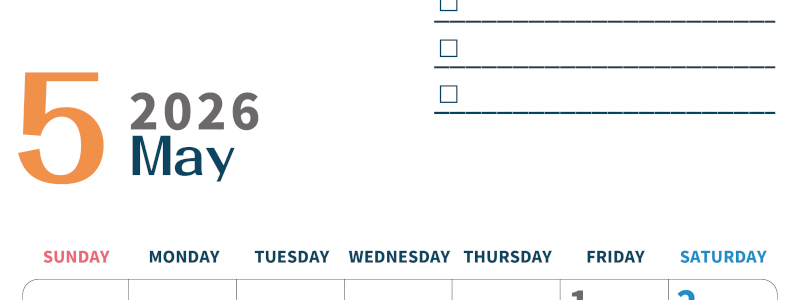 2026年5月カレンダーは縦型日曜始まりでToDoリストつき♪使いやすいおすすめ無料素材♪(2026-01390510)