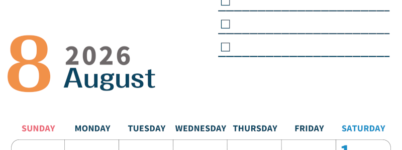 2026年8月カレンダーは縦型日曜始まりでToDoリストつき♪使いやすいおすすめ無料素材♪(2026-01390810)