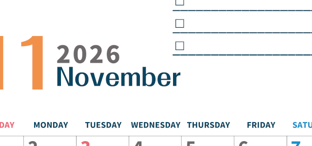 2026年11月カレンダーは縦型日曜始まりでToDoリストつき♪使いやすいおすすめ無料素材♪(2026-01391110)