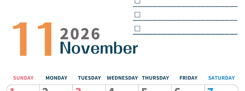 2026年11月カレンダーは縦型日曜始まりでToDoリストつき♪使いやすいおすすめ無料素材♪(2026-01391110)