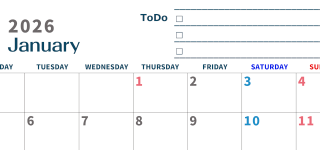 2026年1月カレンダーは横型月曜始まりでToDoリストつき♪使いやすいおすすめ無料素材♪(2026-01390101)