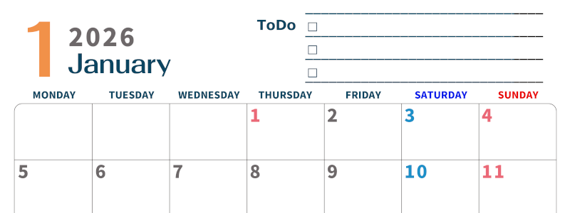 2026年1月カレンダーは横型月曜始まりでToDoリストつき♪使いやすいおすすめ無料素材♪(2026-01390101)
