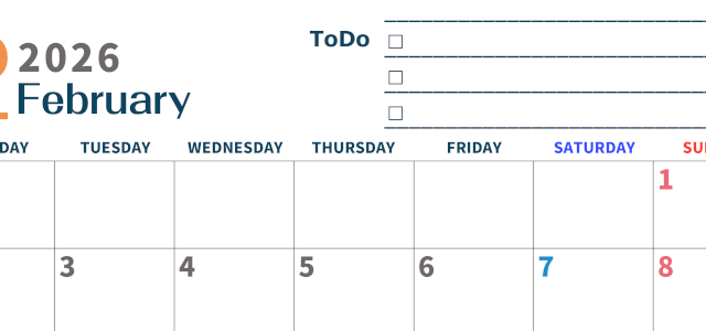 2026年2月カレンダーは横型月曜始まりでToDoリストつき♪使いやすいおすすめ無料素材♪(2026-01390201)