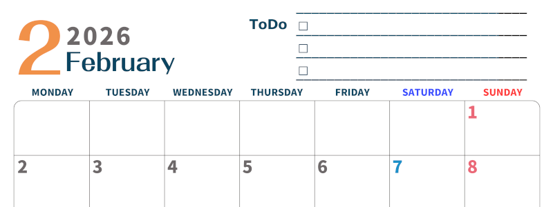 2026年2月カレンダーは横型月曜始まりでToDoリストつき♪使いやすいおすすめ無料素材♪(2026-01390201)