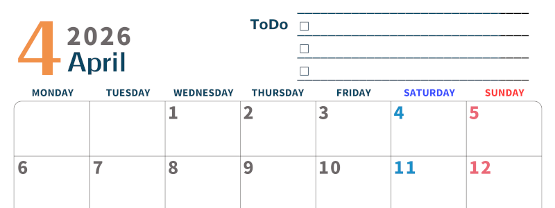 2026年4月カレンダーは横型月曜始まりでToDoリストつき♪使いやすいおすすめ無料素材♪(2026-01390401)
