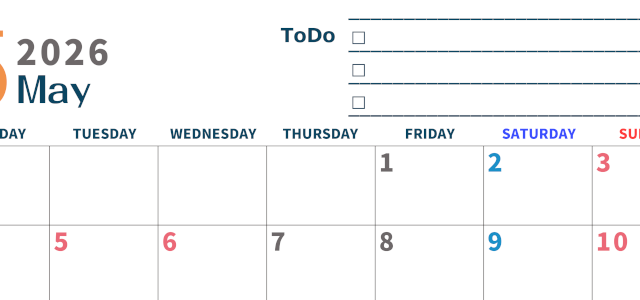2026年5月カレンダーは横型月曜始まりでToDoリストつき♪使いやすいおすすめ無料素材♪(2026-01390501)