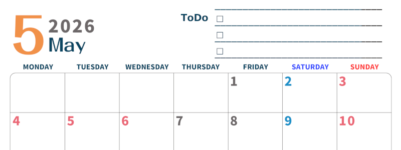 2026年5月カレンダーは横型月曜始まりでToDoリストつき♪使いやすいおすすめ無料素材♪(2026-01390501)