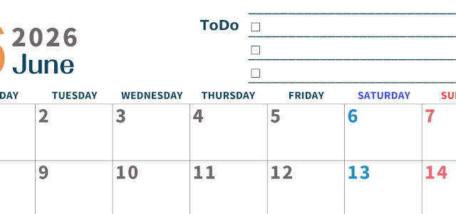 2026年6月カレンダーは横型月曜始まりでToDoリストつき♪使いやすいおすすめ無料素材♪(2026-01390601)