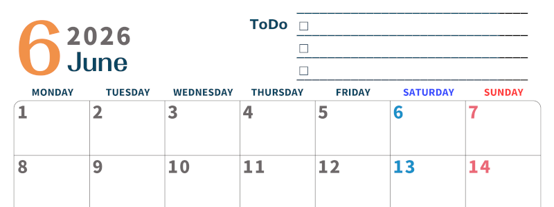 2026年6月カレンダーは横型月曜始まりでToDoリストつき♪使いやすいおすすめ無料素材♪(2026-01390601)