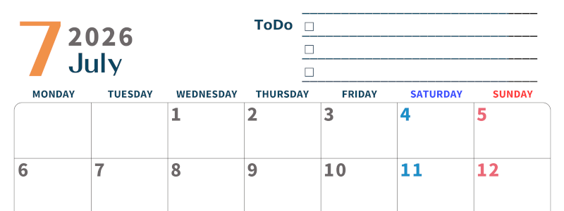 2026年7月カレンダーは横型月曜始まり でベージュの花がおしゃれ：無料(2026-01390701)