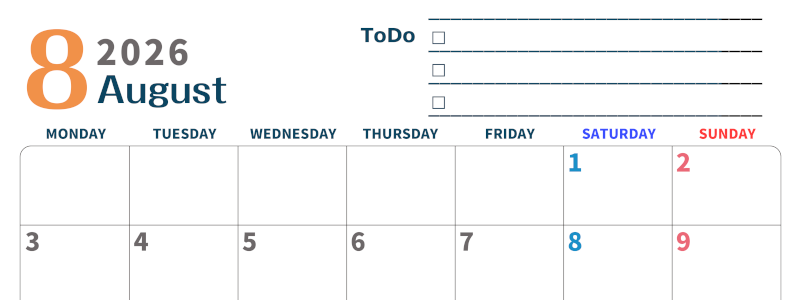 2026年8月カレンダーは横型月曜始まりでToDoリストつき♪使いやすいおすすめ無料素材♪(2026-01390801)