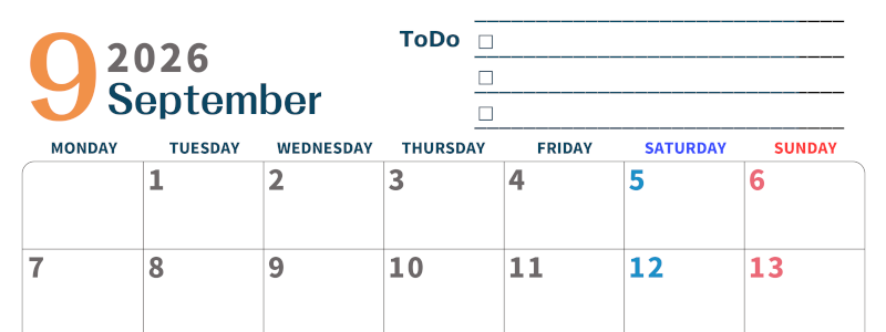 2026年9月カレンダーは横型月曜始まりでToDoリストつき♪使いやすいおすすめ無料素材♪(2026-01390901)