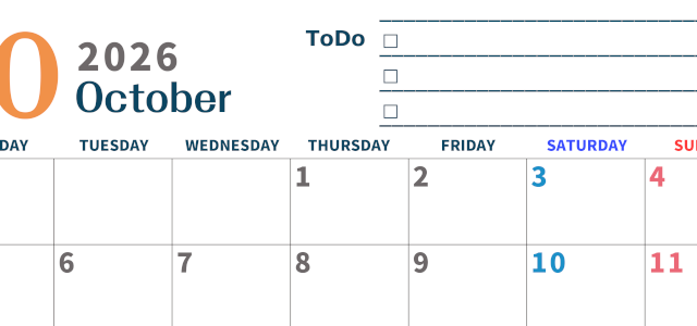 2026年10月カレンダーは横型月曜始まりでToDoリストつき♪使いやすいおすすめ無料素材♪(2026-01391001)