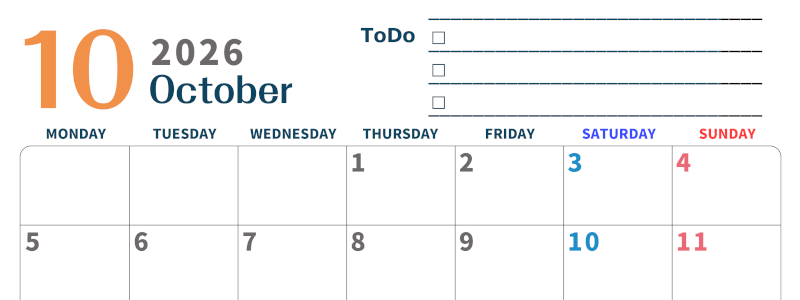 2026年10月カレンダーは横型月曜始まりでToDoリストつき♪使いやすいおすすめ無料素材♪(2026-01391001)