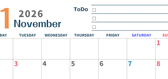 2026年11月カレンダーは横型月曜始まりでToDoリストつき♪使いやすいおすすめ無料素材♪(2026-01391101)