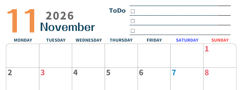 2026年11月カレンダーは横型月曜始まりでToDoリストつき♪使いやすいおすすめ無料素材♪(2026-01391101)