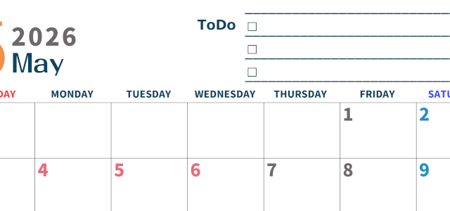 2026年5月カレンダーは横型日曜始まりでToDoリストつき♪使いやすいおすすめ無料素材♪(2026-01390500)