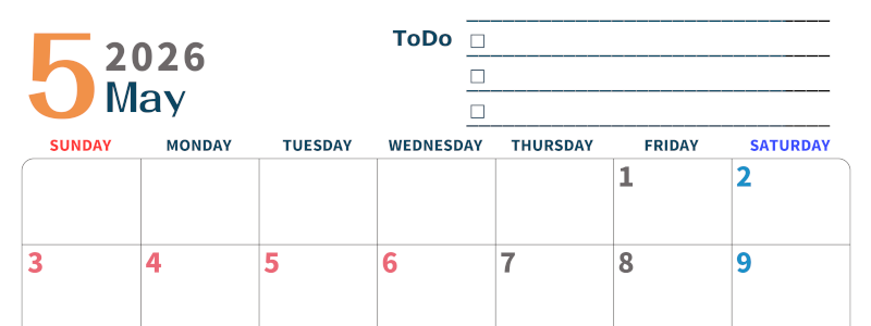 2026年5月カレンダーは横型日曜始まりでToDoリストつき♪使いやすいおすすめ無料素材♪(2026-01390500)