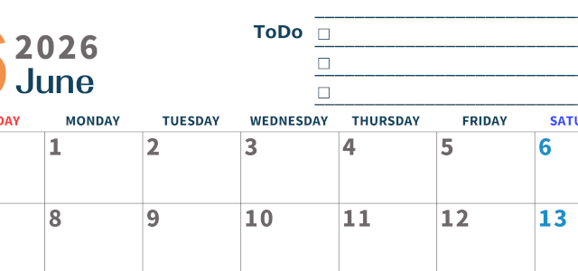 2026年6月カレンダーは横型日曜始まりでToDoリストつき♪使いやすいおすすめ無料素材♪(2026-01390600)