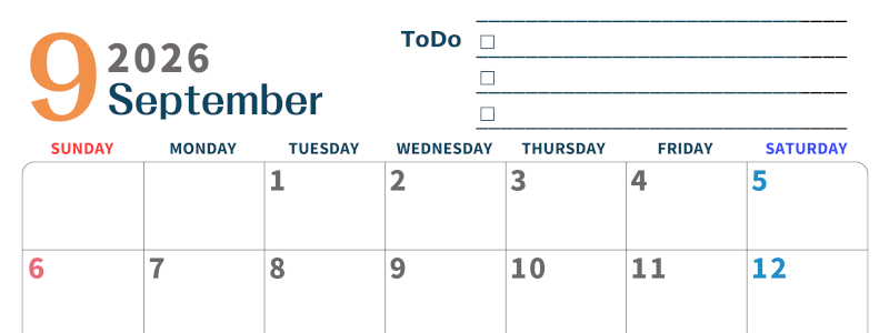 2026年9月カレンダーは横型日曜始まりでToDoリストつき♪使いやすいおすすめ無料素材♪(2026-01390900)
