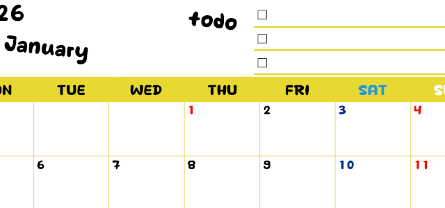 2026年1月カレンダーは横型月曜始まり♪黄色がメインカラーで継続して使いやすいToDoリストつき♪(2026-01400101)